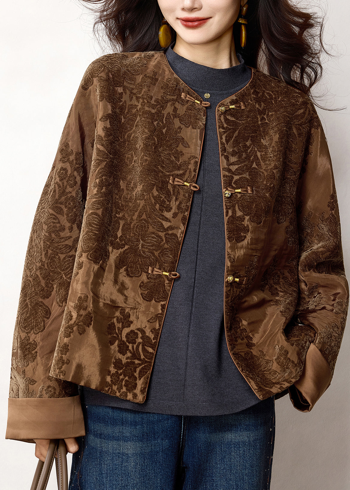 Chinese Style Coffee Jacquard Oriental Button Cotton Coat Spring
