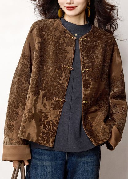 Chinese Style Coffee Jacquard Oriental Button Cotton Coat Spring