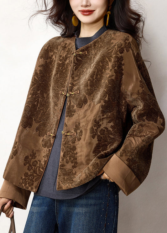 Chinese Style Coffee Jacquard Oriental Button Cotton Coat Spring