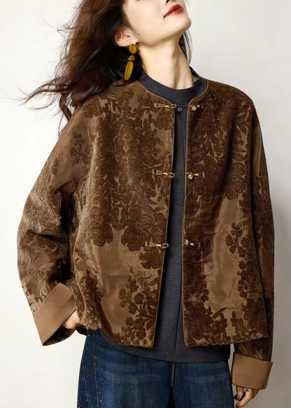Chinese Style Coffee Jacquard Oriental Button Cotton Coat Spring