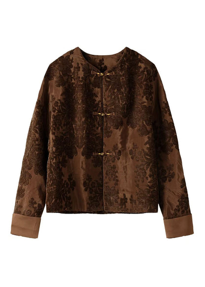 Chinese Style Coffee Jacquard Oriental Button Cotton Coat Spring