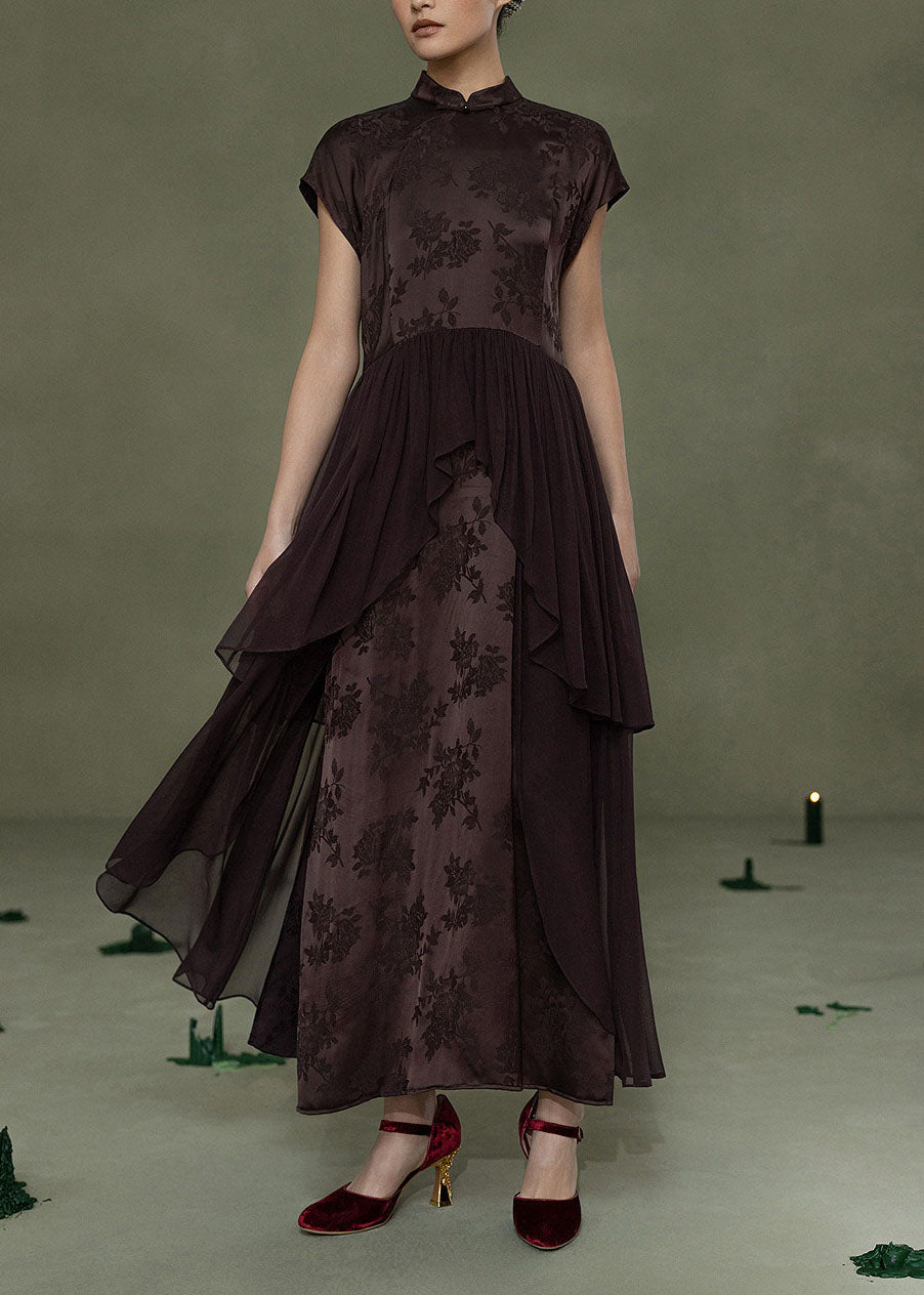 Chinese Style Coffee Jacquard Patchwork Silk Dress Summer