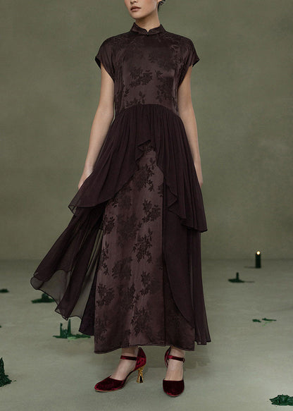 Chinese Style Coffee Jacquard Patchwork Silk Dress Summer