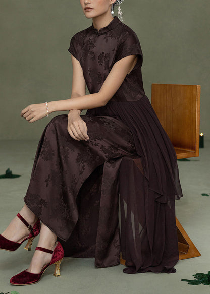 Chinese Style Coffee Jacquard Patchwork Silk Dress Summer