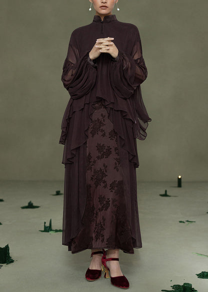 Chinese Style Coffee Jacquard Patchwork Silk Dress Summer