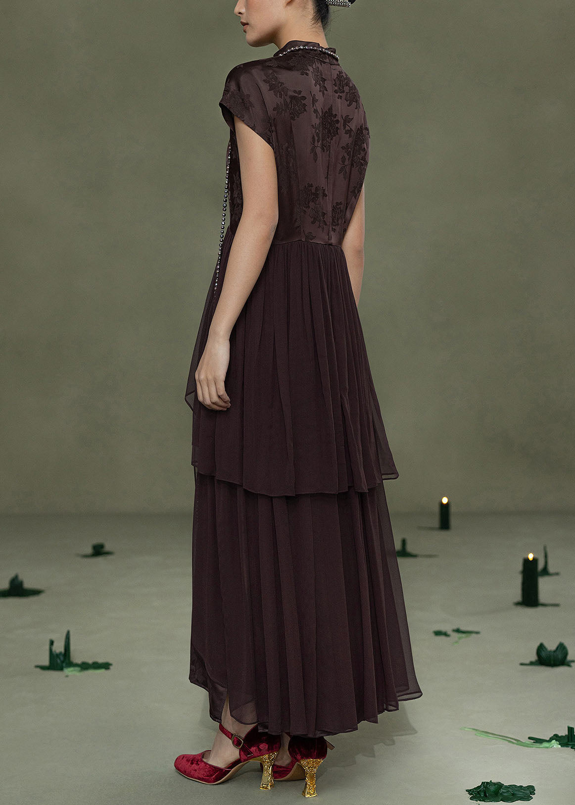 Chinese Style Coffee Jacquard Patchwork Silk Dress Summer