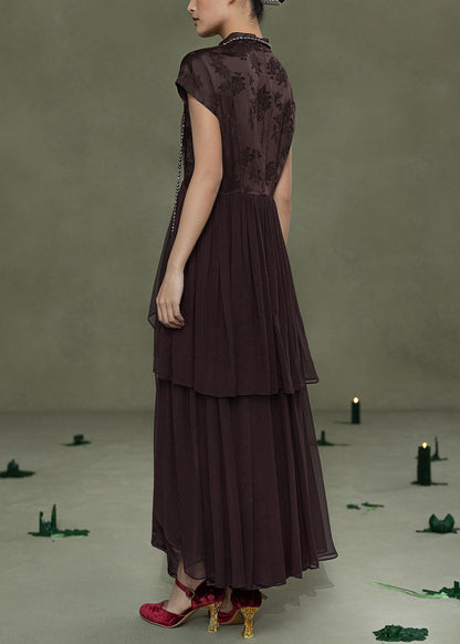Chinese Style Coffee Jacquard Patchwork Silk Dress Summer