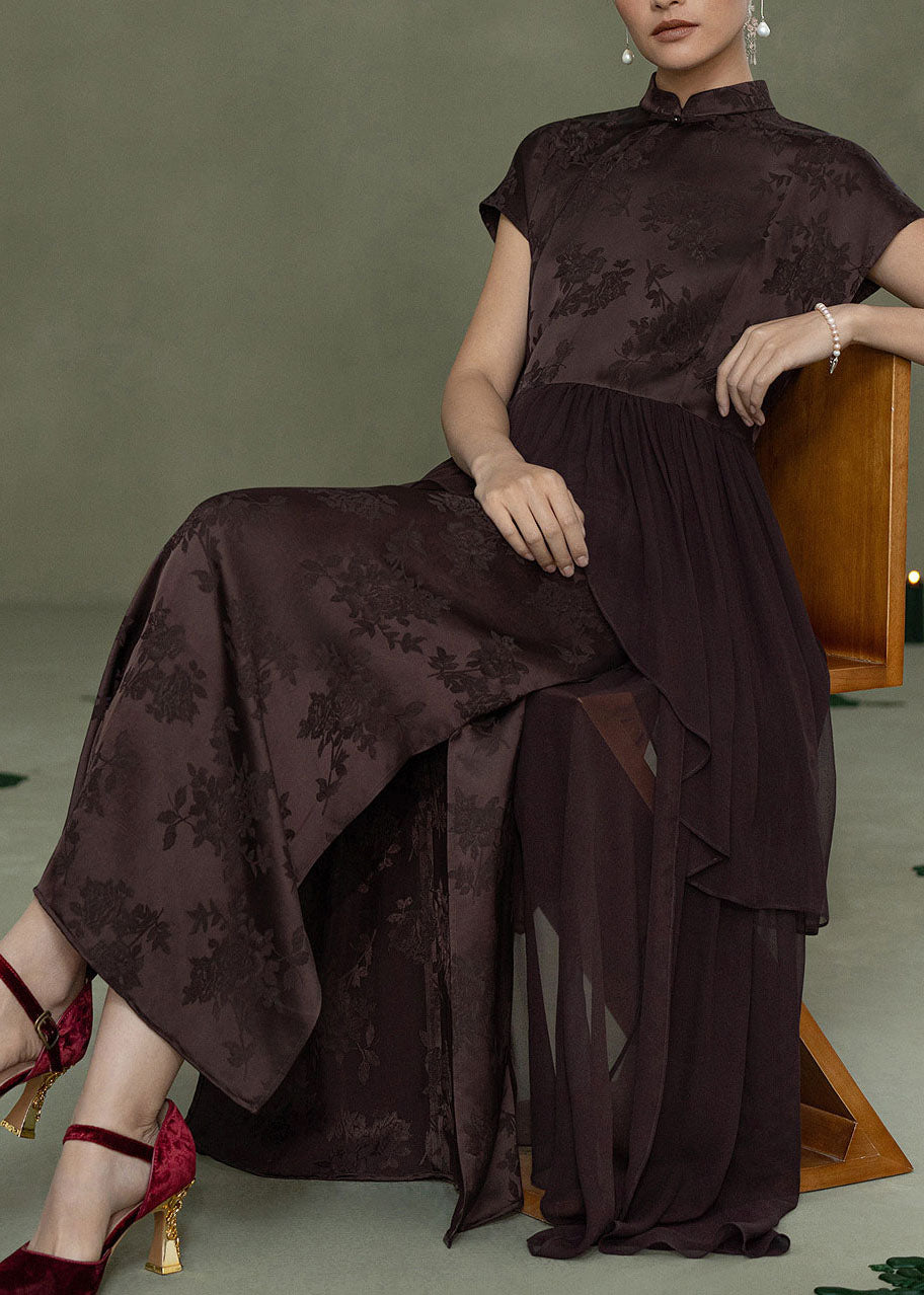 Chinese Style Coffee Jacquard Patchwork Silk Dress Summer