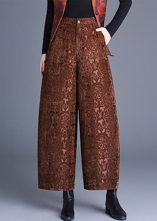 Chinese Style Coffee Jacquard Pockets High Waist Draping Wide Leg Crop Pants Fall