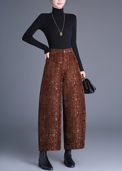 Chinese Style Coffee Jacquard Pockets High Waist Draping Wide Leg Crop Pants Fall