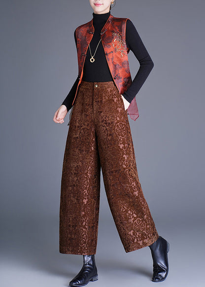 Chinese Style Coffee Jacquard Pockets High Waist Draping Wide Leg Crop Pants Fall