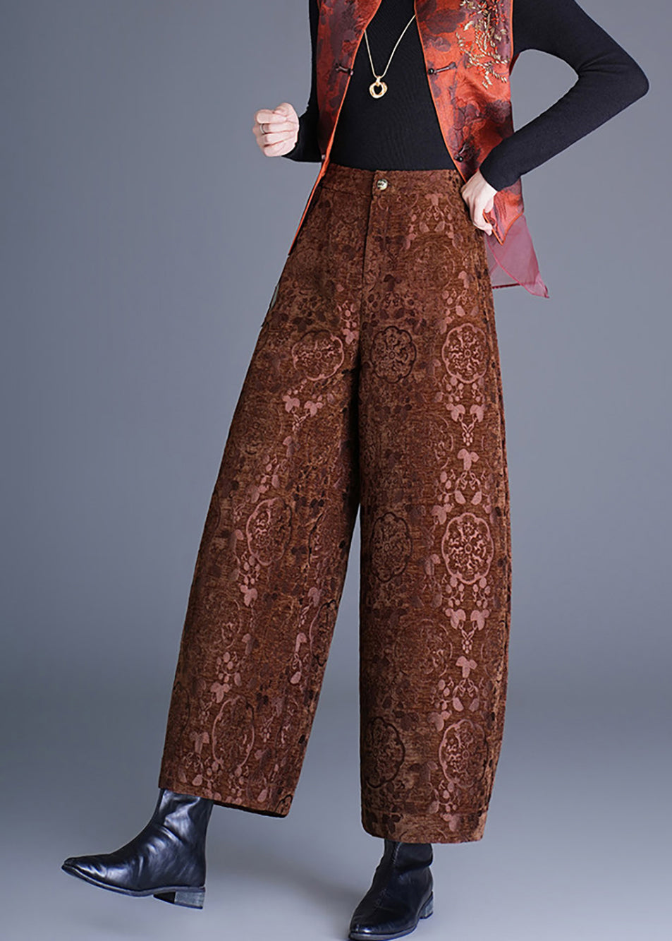 Chinese Style Coffee Jacquard Pockets High Waist Draping Wide Leg Crop Pants Fall