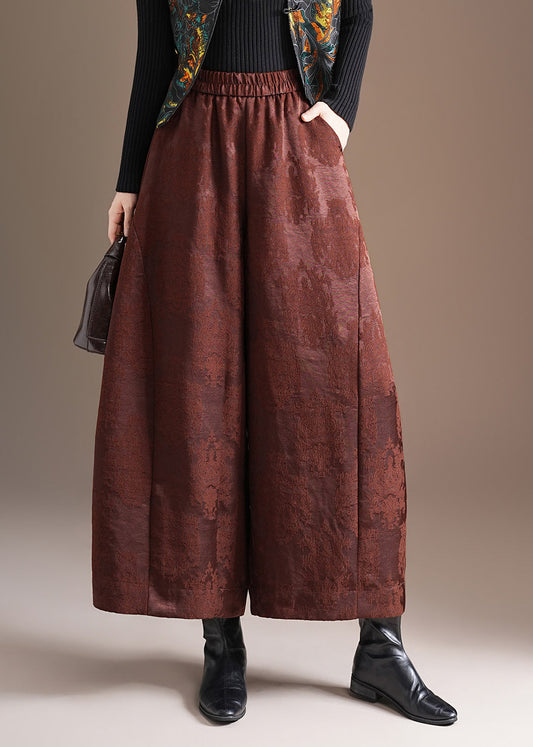 Chinese Style Coffee Pockets Jacquard Elastic Waist Wide Leg Crop Pants Fall