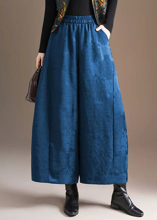 Chinese Style Coffee Pockets Jacquard Elastic Waist Wide Leg Crop Pants Fall