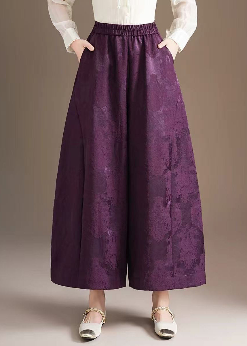 Chinese Style Coffee Pockets Jacquard Elastic Waist Wide Leg Crop Pants Fall
