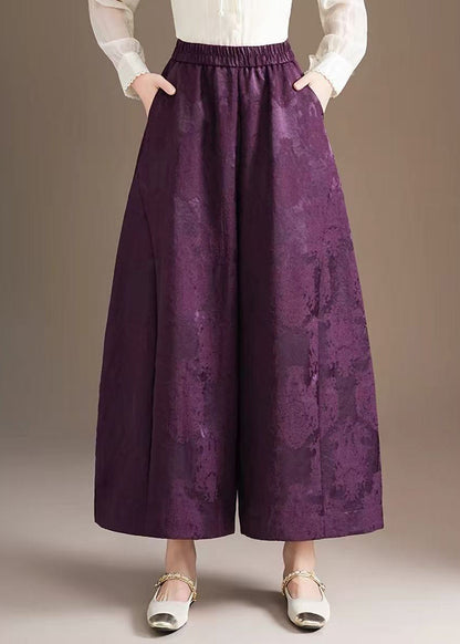 Chinese Style Coffee Pockets Jacquard Elastic Waist Wide Leg Crop Pants Fall