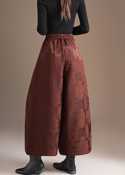 Chinese Style Coffee Pockets Jacquard Elastic Waist Wide Leg Crop Pants Fall