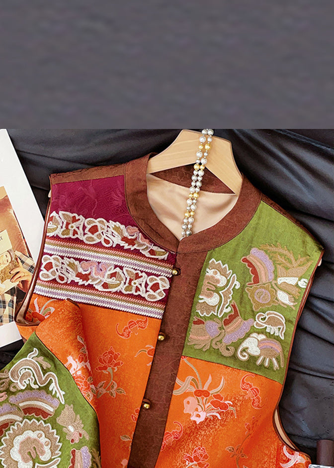 Chinese Style Colorblock Embroidered Button Cotton Waistcoat Sleeveless