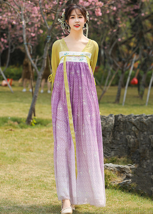 Chinese Style Colorblock Embroideried Lace Up Patchwork Chiffon Long Dresses Summer