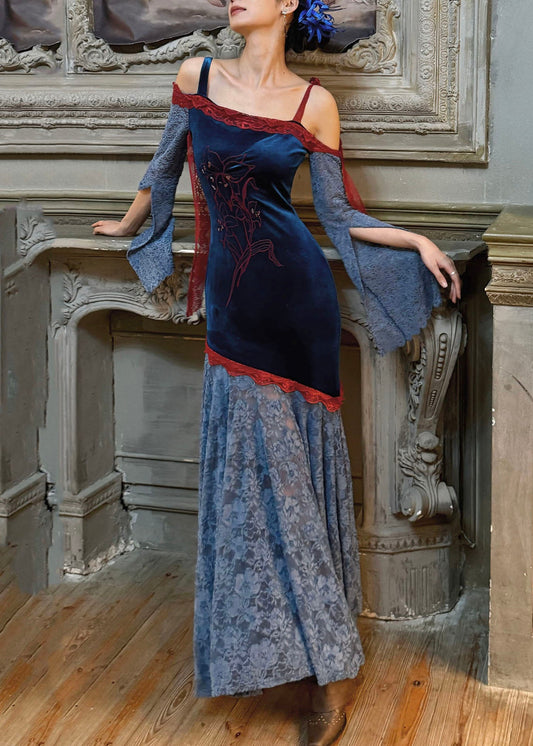 Chinese Style Colorblock Slash Neck Lace Patchwork Silk Velvet Long Dress Fall