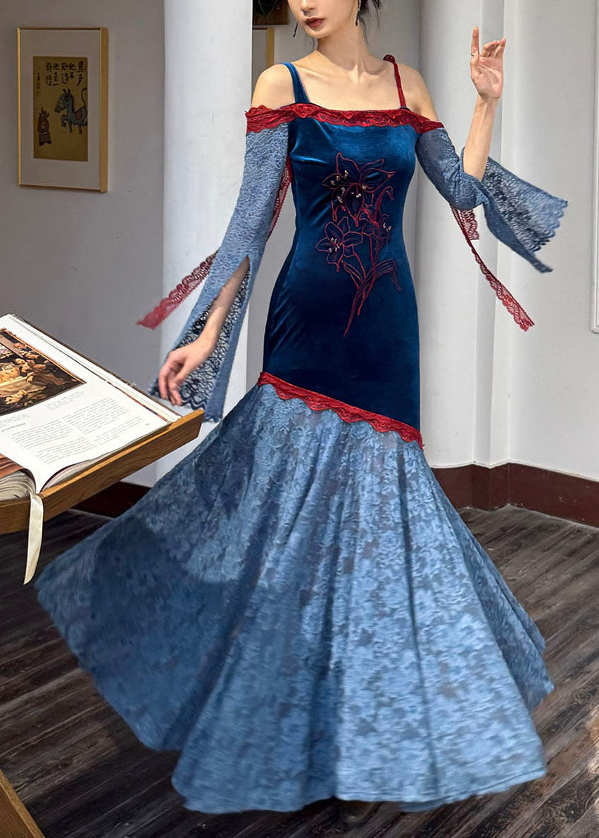 Chinese Style Colorblock Slash Neck Lace Patchwork Silk Velvet Long Dress Fall