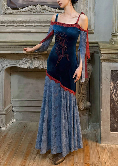 Chinese Style Colorblock Slash Neck Lace Patchwork Silk Velvet Long Dress Fall