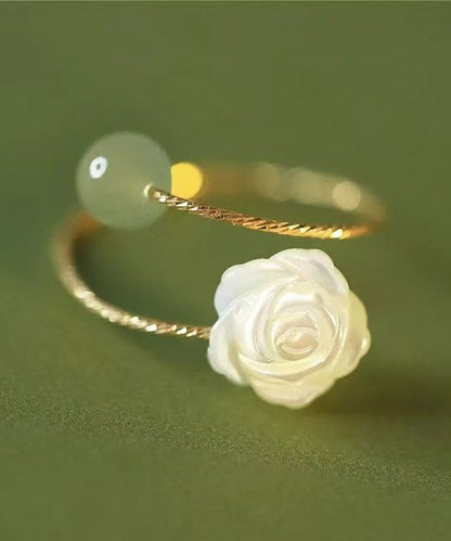 Chinese Style Colorblock Sterling Silver Overgild Jade Rose Rings