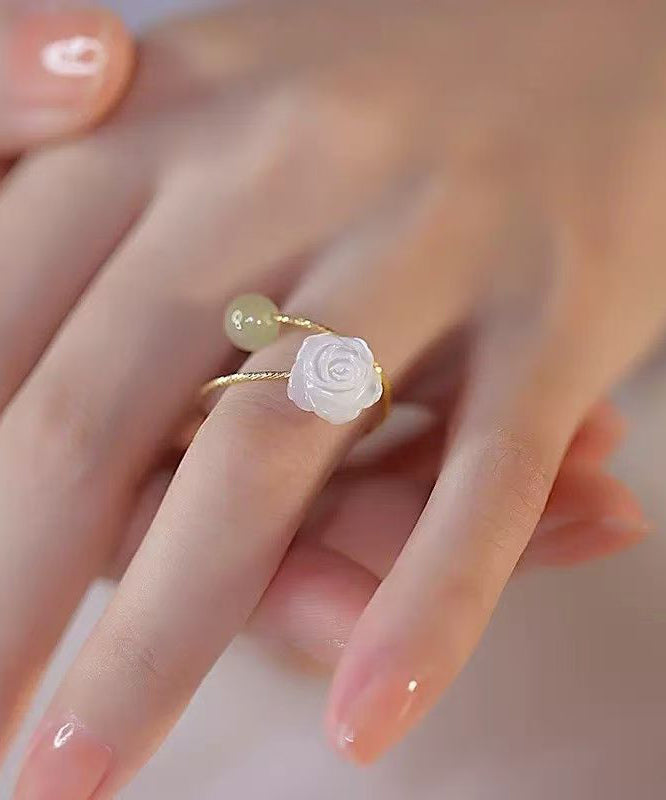 Chinese Style Colorblock Sterling Silver Overgild Jade Rose Rings