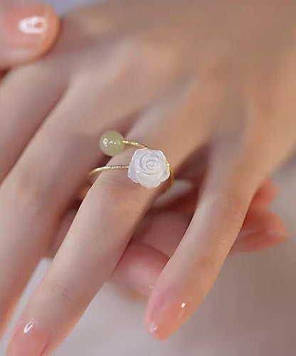 Chinese Style Colorblock Sterling Silver Overgild Jade Rose Rings