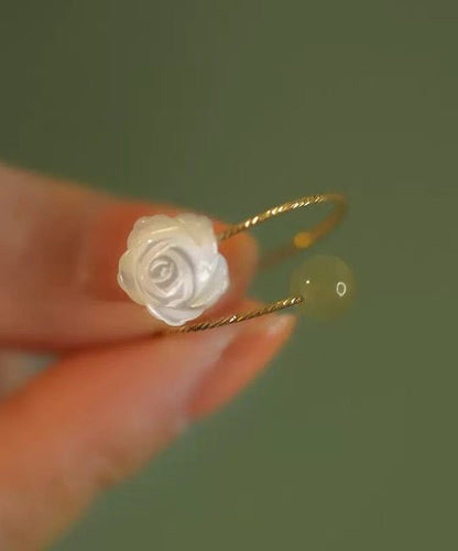 Chinese Style Colorblock Sterling Silver Overgild Jade Rose Rings