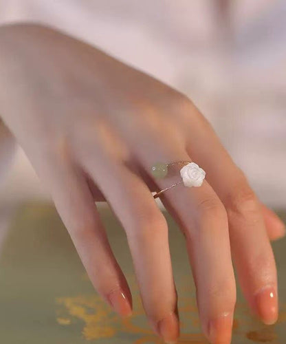 Chinese Style Colorblock Sterling Silver Overgild Jade Rose Rings