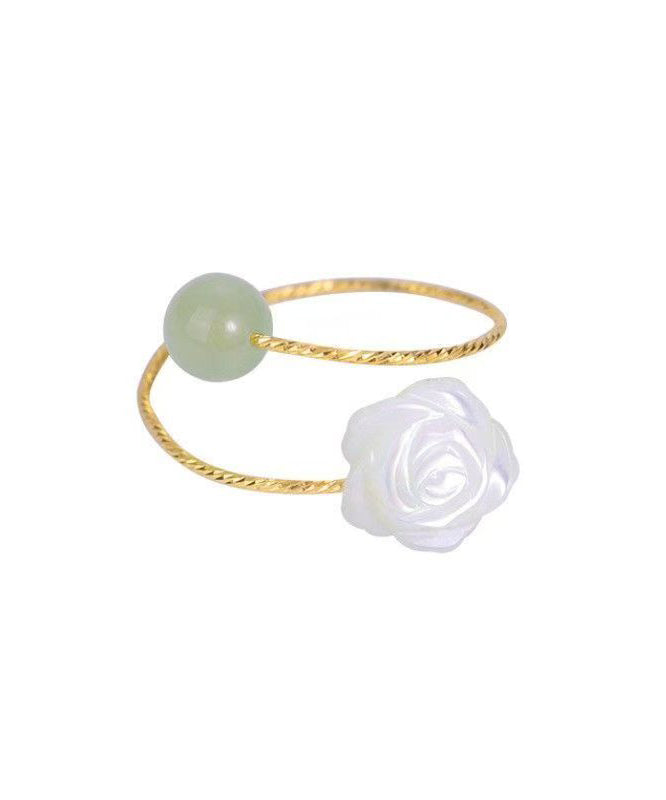Chinese Style Colorblock Sterling Silver Overgild Jade Rose Rings