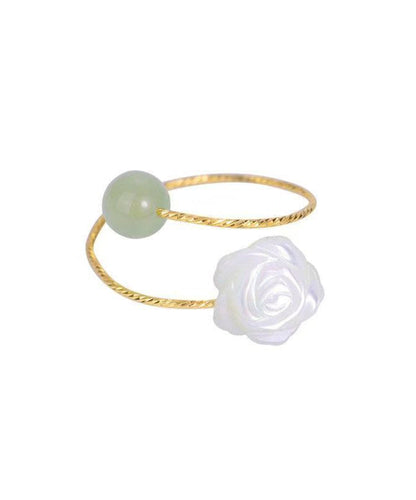 Chinese Style Colorblock Sterling Silver Overgild Jade Rose Rings