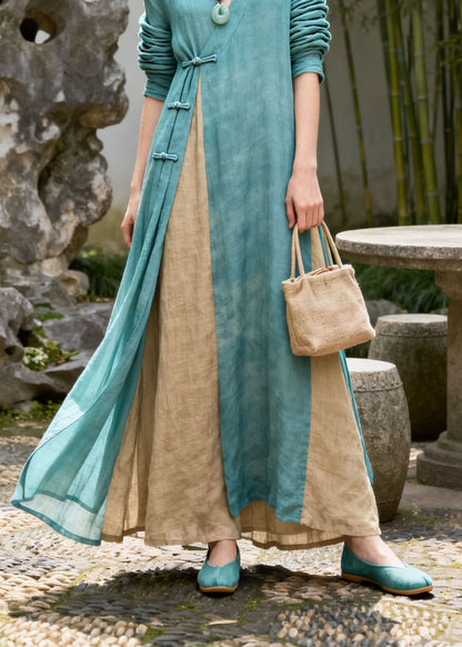 Chinese Style Colorblock V Neck Patchwork Cotton Dress Summer