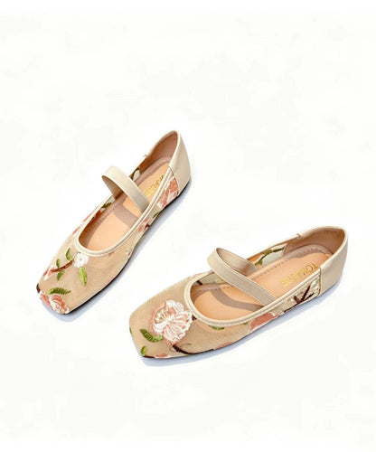 Chinese Style Comfy Flats Apricot Breathable Mesh Embroidered
