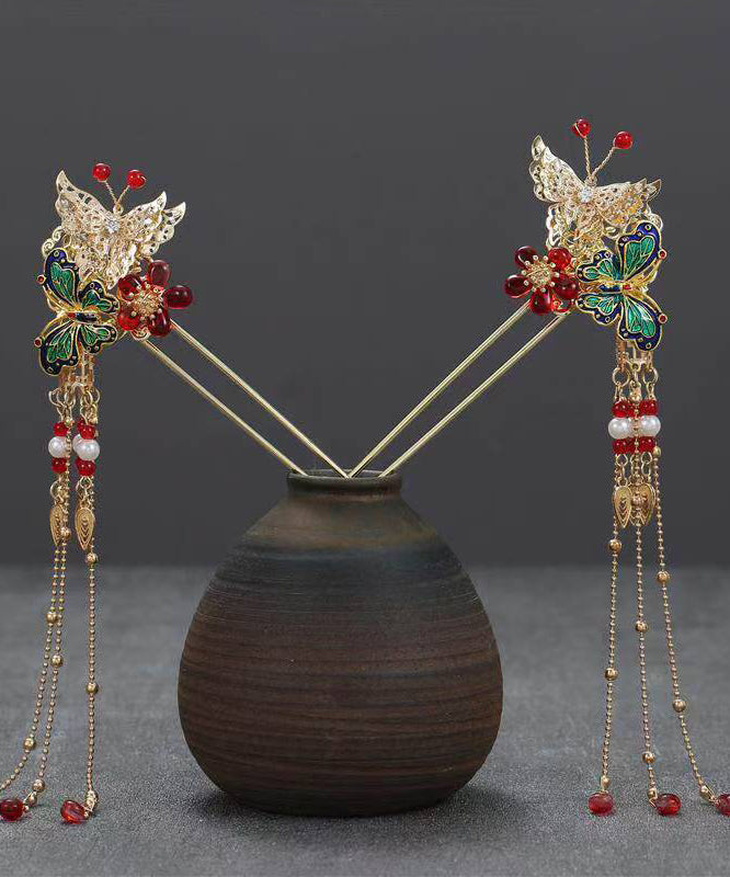 Chinese Style Copper Alloy Colored Glaze Butterfly Tassel A Pair Hairpin