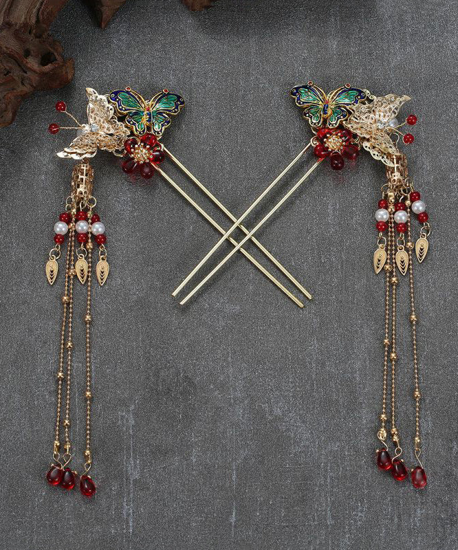 Chinese Style Copper Alloy Colored Glaze Butterfly Tassel A Pair Hairpin