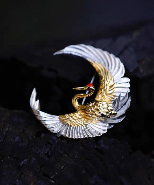 Chinese Style Crescent Crane Wrinkled Patchwork Silver Brooches
