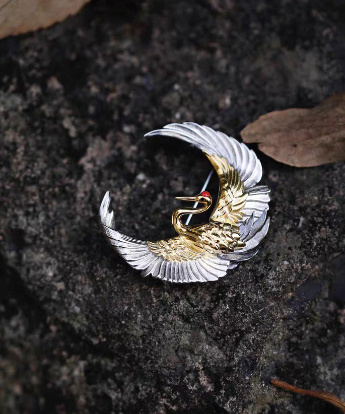 Chinese Style Crescent Crane Wrinkled Patchwork Silver Brooches
