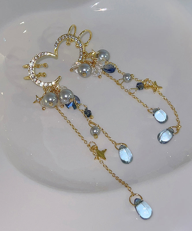 Chinese Style Gold Copper Overgild Zircon Moon Tassel Drop Earrings