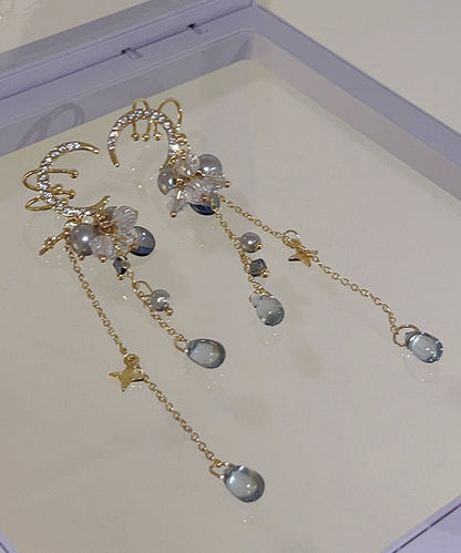 Chinese Style Gold Copper Overgild Zircon Moon Tassel Drop Earrings