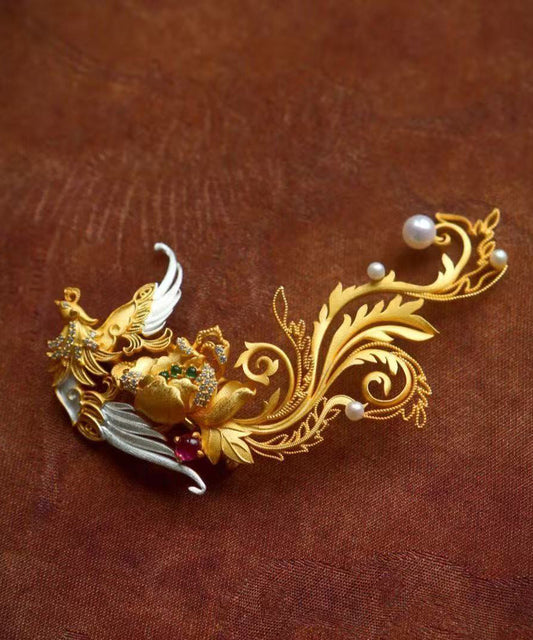 Chinese Style Gold Filigree Phoenix Imitation Pearl Alloy Brooches