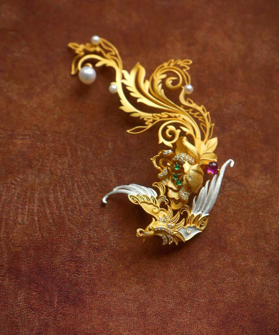 Chinese Style Gold Filigree Phoenix Imitation Pearl Alloy Brooches