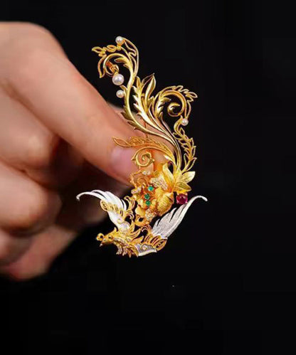 Chinese Style Gold Filigree Phoenix Imitation Pearl Alloy Brooches