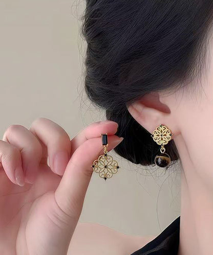 Chinese Style Gold Sterling Silver Overgild Asymmetrical Tiger's Eye Drop Earrings