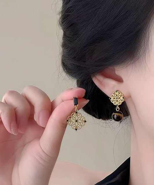 Chinese Style Gold Sterling Silver Overgild Asymmetrical Tiger's Eye Drop Earrings