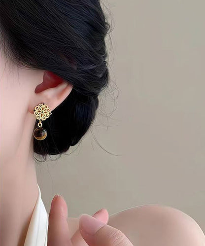 Chinese Style Gold Sterling Silver Overgild Asymmetrical Tiger's Eye Drop Earrings
