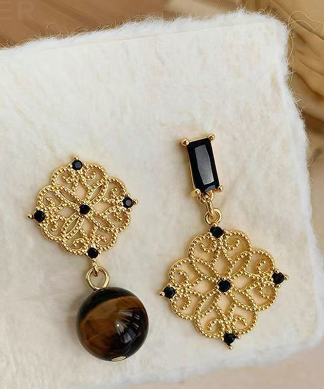 Chinese Style Gold Sterling Silver Overgild Asymmetrical Tiger's Eye Drop Earrings