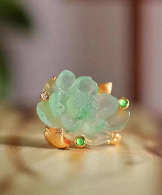 Chinese Style Gold Sterling Silver Overgild Jade Lotus Rings