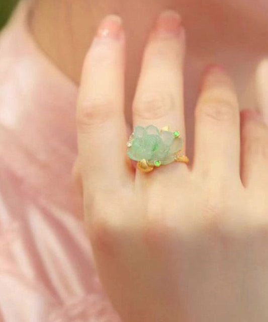 Chinese Style Gold Sterling Silver Overgild Jade Lotus Rings